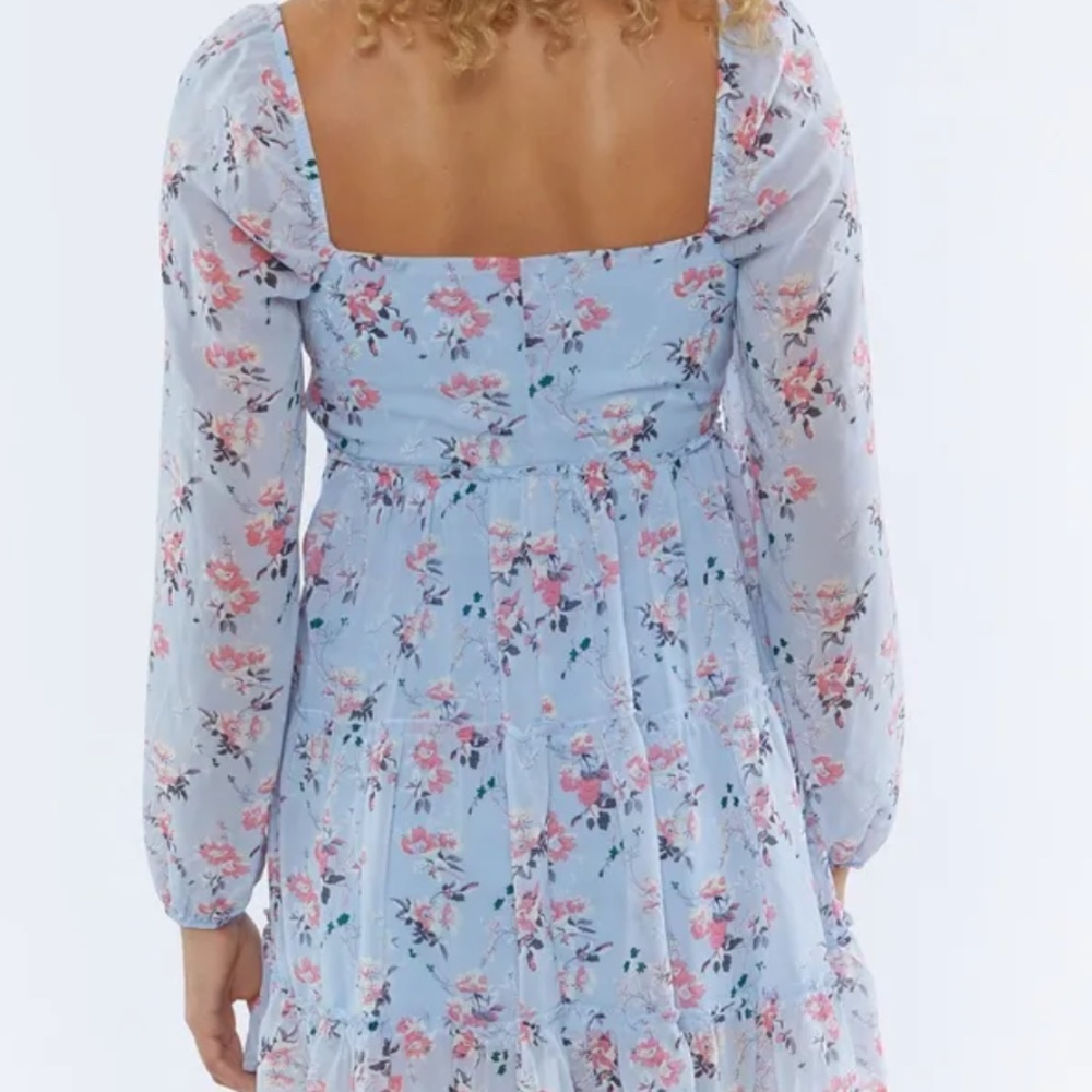 F21 Floral Print Long Sleeve Milkmaid Mini Dress Baby Blue / L/G  BNWT - Picture 2 of 4